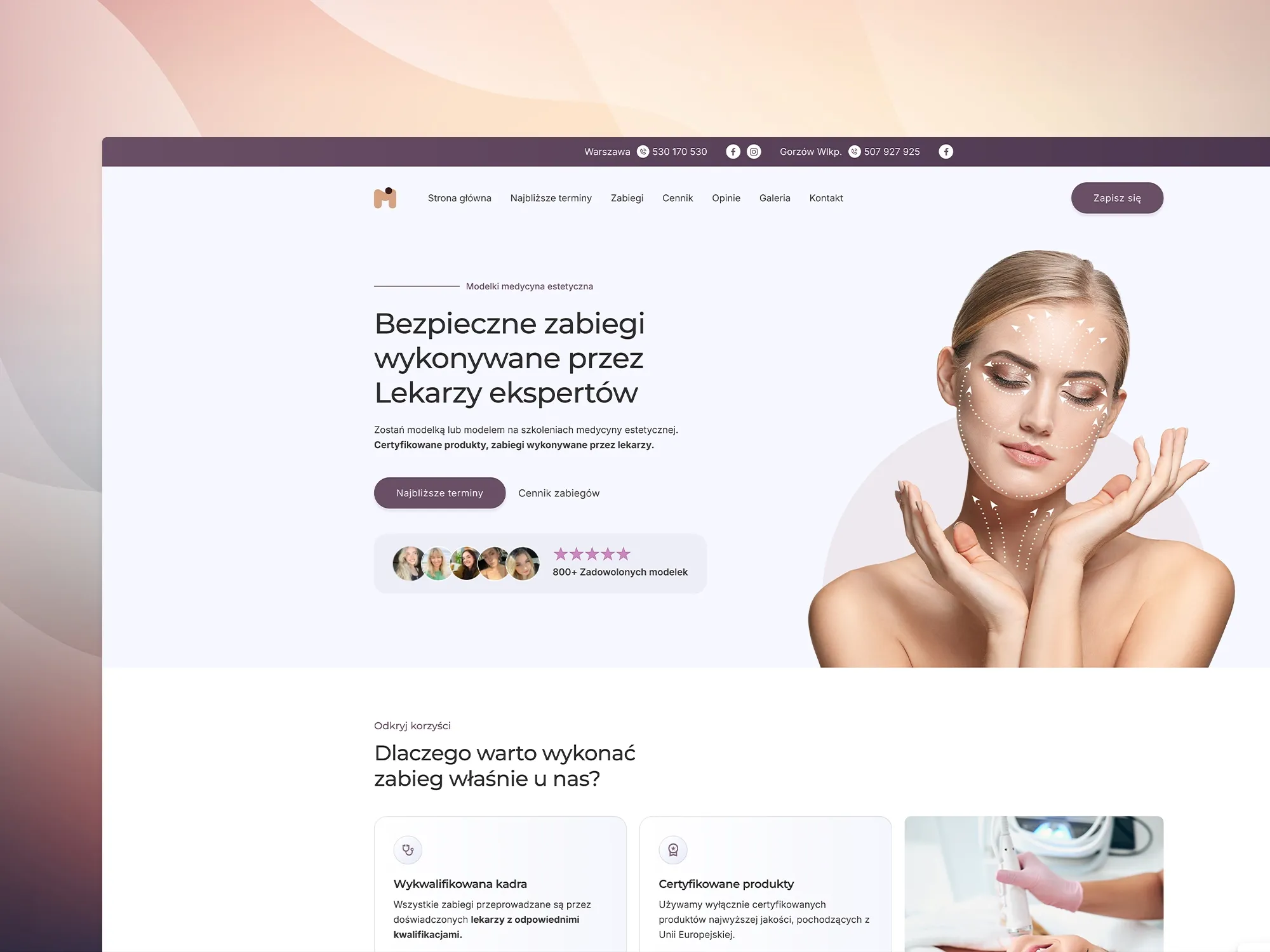 Landing page dla centrum szkoleniowego medycyny estetycznej.